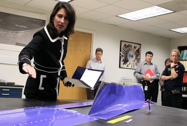 National Transportation Safety Board Chairman Deborah Hersman points at the section of the fuselage skin (R) which was torn from a Southwest Boeing 737-300 aircraft during a news briefing April 5, 2011 at the National Transportation Safety Board headquart (Alex Wong/Getty Images ) National Transportation Safety Board Chairman Deborah Hersman points at the section of the fuselage skin (R) which was torn from a Southwest Boeing 737-300 aircraft during a news briefing April 5, 2011 at the National Transportation Safety Board headquart (Alex Wong/Getty Images )