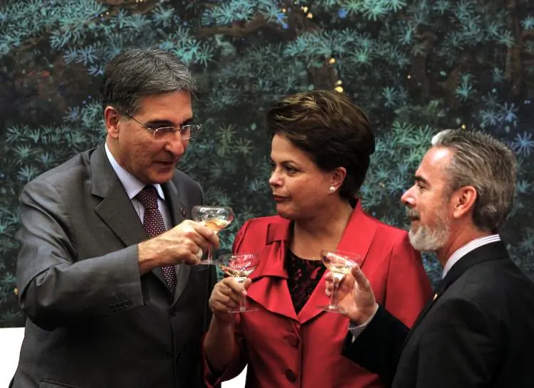 Brazilian President Dilma Rousseff (C) toasts with Brazil officials after a signing ceremony with Chinese officials at the Great Hall of the People in Beijing on April 12. (NG Han Guan/AFP/Getty Images)