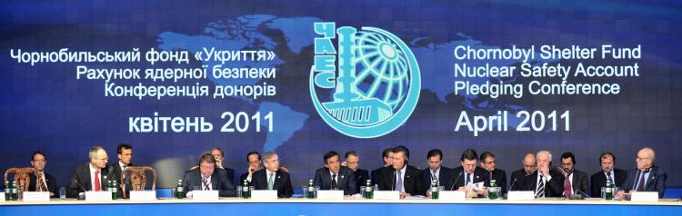 Representatives from various nations attend the Chernobyl Shelter Fund Nuclear Safety Account Pledging Conference, in Kiev, on April 19. International leaders have pledged 575 million euros (820 million dollars) to complete a permanent shelter around Ukraine's exploded Chernobyl reactor. (Sergei Supinsky/Getty Images) Representatives from various nations attend the Chernobyl Shelter Fund Nuclear Safety Account Pledging Conference, in Kiev, on April 19. International leaders have pledged 575 million euros (820 million dollars) to complete a permanent shelter around Ukraine's exploded Chernobyl reactor. (Sergei Supinsky/Getty Images)