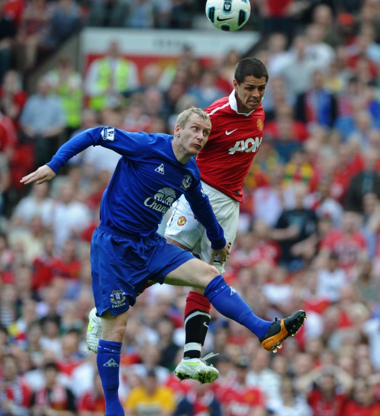 Javier Hernandez of Manchester United heads the winning goal during the Barclays Premier League match between against Everton at Old Trafford on Saturday. (Paul Ellis/AFP/Getty Images) Javier Hernandez of Manchester United heads the winning goal during the Barclays Premier League match between against Everton at Old Trafford on Saturday. (Paul Ellis/AFP/Getty Images)