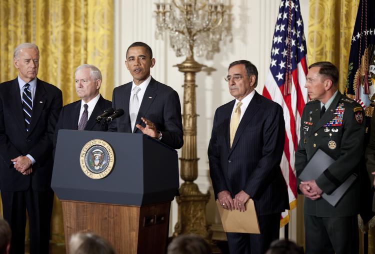President Barack Obama announces four new appointments to the national security team in the East Room of the White House on Thursday afternoon. The president is joined by Vice President Joe Biden (L), Secretary of Defense Robert M. Gates (2L), Director of the Central Intelligence Agency (CIA) Leon Panetta (2R) and Army Gen. David Petraeus (R). (Brendan Smialowski/Getty Images) President Barack Obama announces four new appointments to the national security team in the East Room of the White House on Thursday afternoon. The president is joined by Vice President Joe Biden (L), Secretary of Defense Robert M. Gates (2L), Director of the Central Intelligence Agency (CIA) Leon Panetta (2R) and Army Gen. David Petraeus (R). (Brendan Smialowski/Getty Images)