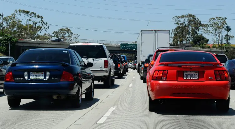 Traffic at a standstill on northbound I-405 during the Memorial Day holiday weekend on May 27 in Los Angeles. (Kevork Djansezian/Getty Images)