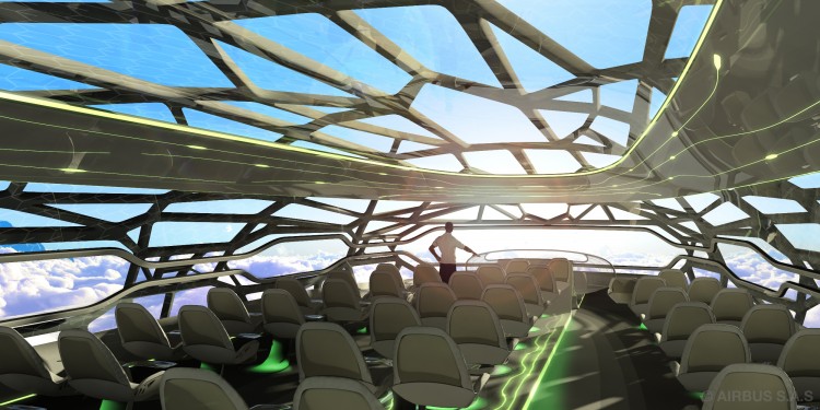 In this photo illustration provided by Airbus on June 14, 2011, the intelligent cabin membrane of the Airbus Concept Cabin, as imagined in 2050, can become transparent to give passengers open panoramic views. (Photo Illustration by Airbus via Getty Images) In this photo illustration provided by Airbus on June 14, 2011, the intelligent cabin membrane of the Airbus Concept Cabin, as imagined in 2050, can become transparent to give passengers open panoramic views. (Photo Illustration by Airbus via Getty Images)