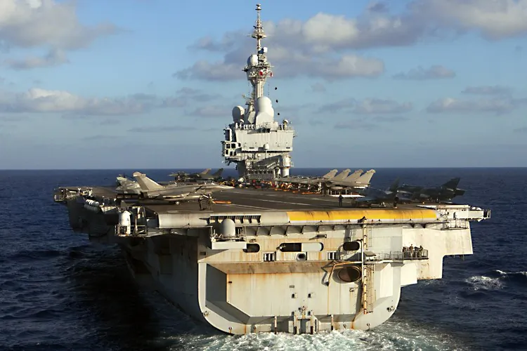 French Charles de Gaulle aircraft carrier sails off the Libyan coast, during the Harmattan operation, on June 13, 2011. (Joel Saget/AFP/Getty Images)