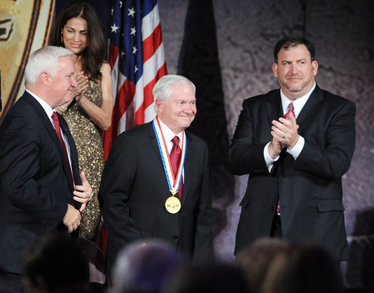 Former Secretary of Defense Dr. Robert M. Gates (C) is congratulated by Pennsylvania Governor Thomas W. Corbett (L) and National Constitution Center President and CEO David Eisner (R) after receiving the 2011 Liberty Medal at the National Constitution Cen (William Thomas Cain/Getty Images) Former Secretary of Defense Dr. Robert M. Gates (C) is congratulated by Pennsylvania Governor Thomas W. Corbett (L) and National Constitution Center President and CEO David Eisner (R) after receiving the 2011 Liberty Medal at the National Constitution Cen (William Thomas Cain/Getty Images)