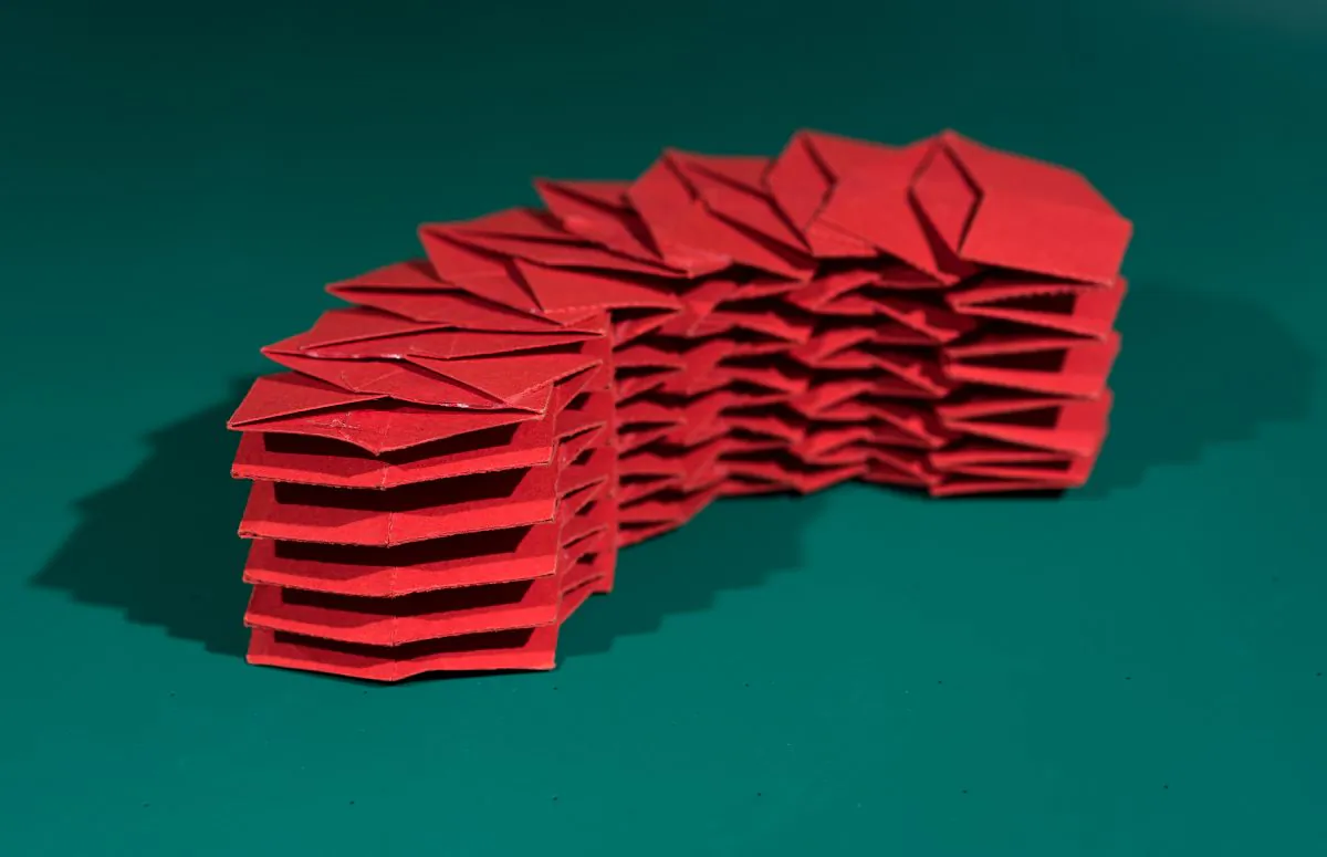 This origami structure is composed of 12 interlocking tubes that can fold flat for easy transportation. (Credit: Rob Felt/Georgia Tech)
