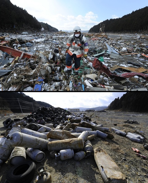 138512732 This combination shows a rescue worker walking through rubble in the tsunami hit area