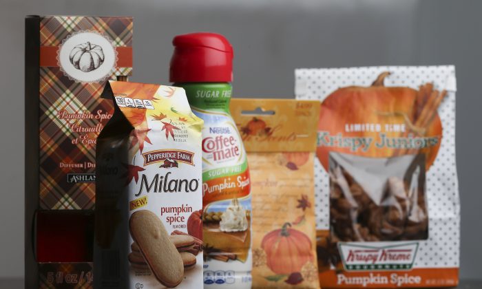 Pumpkin spice products ranging from cookies and donuts to candy and air freshener are shown in Atlanta on Sept. 12. (AP Photo/John Bazemore)