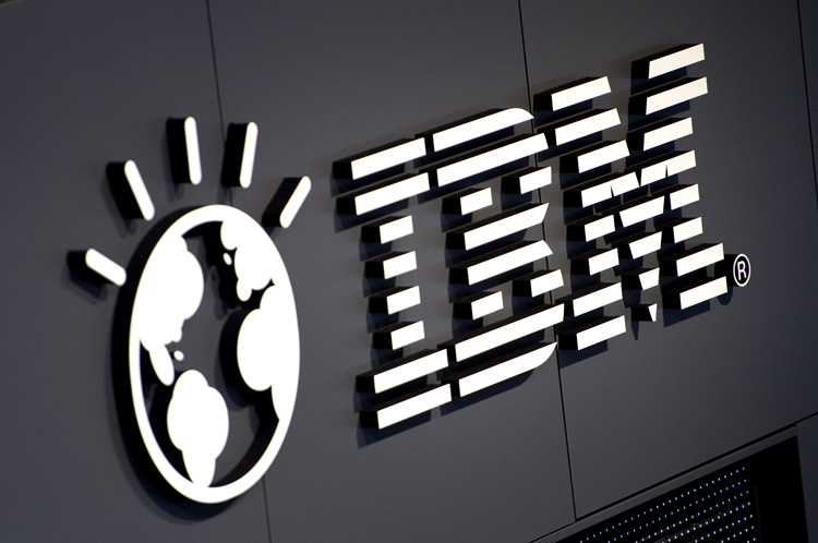 The logo of IBM is seen at their booth The logo of IBM is seen at their booth
