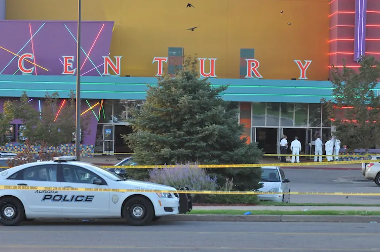 The Century 16 movie theatre is seen where a gunman attacked moviegoers during an early morning screening of the Batman movie, "The Dark Knight Rises," in Aurora, Colo., on July 20, 2012. (Thomas Cooper/Getty Images)