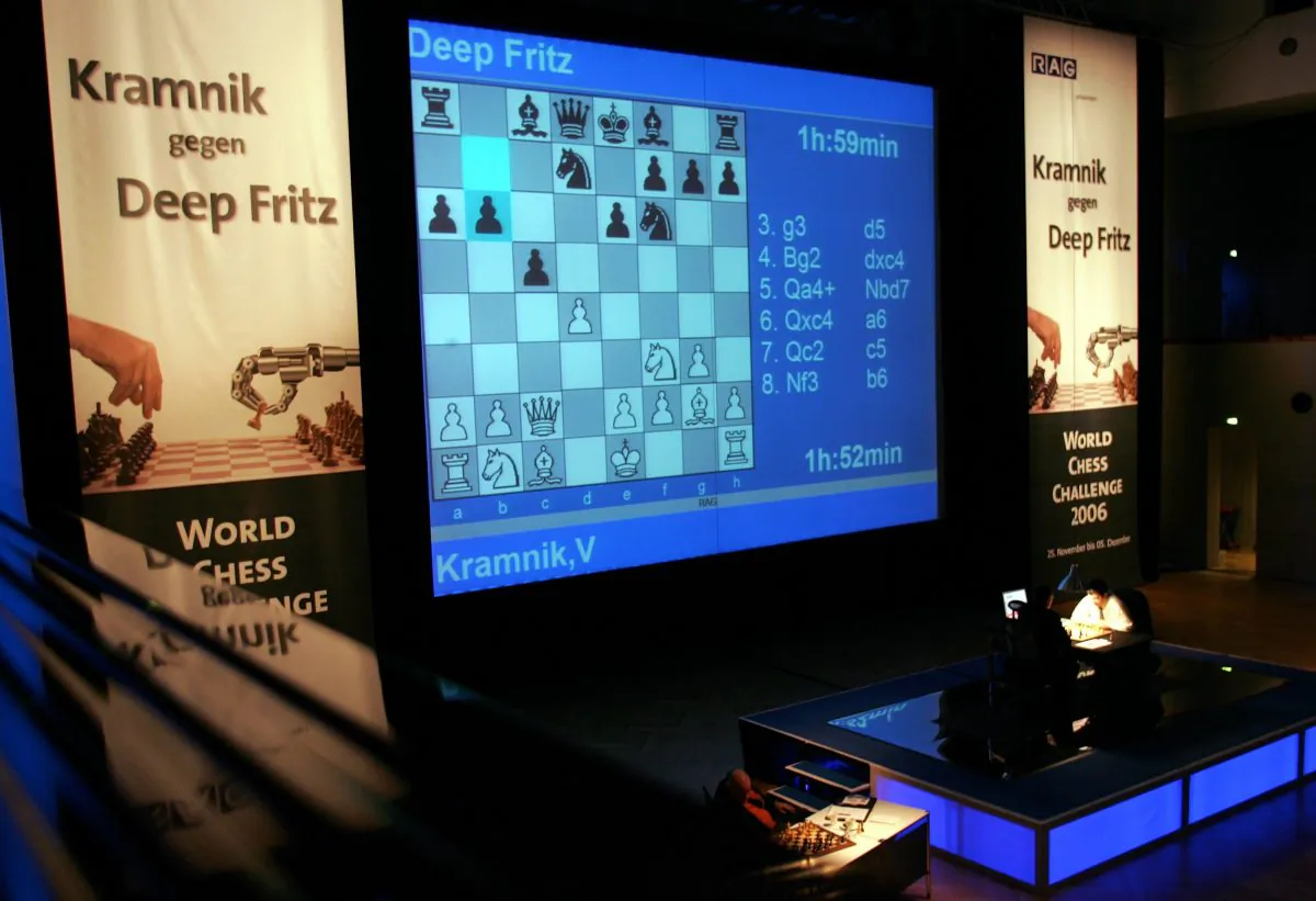 Chess World Champion Vladimir Kramnik (Russia) concentrates on the podium during his match against German chess computer Deep Fritz on November 29, 2006 in Bonn, Germany. (Juergen Schwarz/Bongarts/Getty Images)