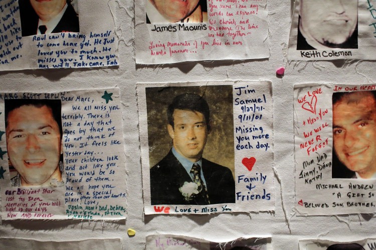 Pictures of victims of the 9/11 attacks, displayed during a preview of the National September 11 Memorial Museum's memorial exhibition on Sept. 10