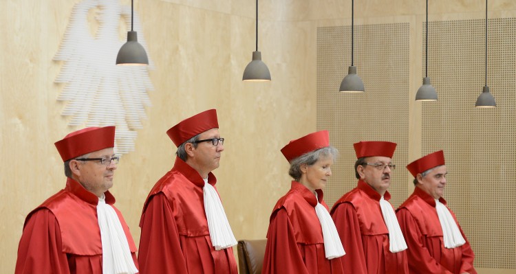 Constitutional Court ESM Germany European Stability Mechanism, The judges of Germany's Constitutional Court arrive to give their verdict on Germany's ratification of the European Stability Mechanism (ESM) on Sept. 12, in Karlsruhe, Germany. The court ruled that the measure does not run contrary to Germany's Constitution and added regulatory requirements to this decision. (Matthias Hangst/Getty Images)