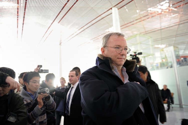 Google Executive Chairman Eric Schimidt (C) makes his way after checking in at Beijing International airport in Beijing on Jan. 7, 2013, before his trip to North Korea. (Wang Zhao/AFP/Getty Images)