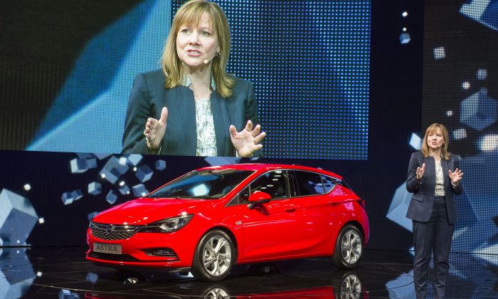 General Motors CEO Mary T Barra presents the new Opel Astra at the 66th IAA auto show in Frankfurt am Main, western Germany, on Tuesday, Sept. 15, 2015. (ODD ANDERSEN/AFP/Getty Images)