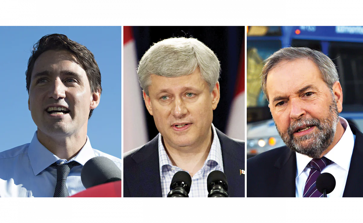 Separate images showing Prime Minister Stephen Harper, NDP leader Tom Mulcair, and Liberal leader Justin Trudeau as they rise to speak in the House of Commons on March 24, 2015. On the campaign trail, the three leaders are offering sharp differences of opinion on the economic way forward in the wake of Statistics Canada’s recession pronouncement. (The Canadian Press/Adrian Wyld)