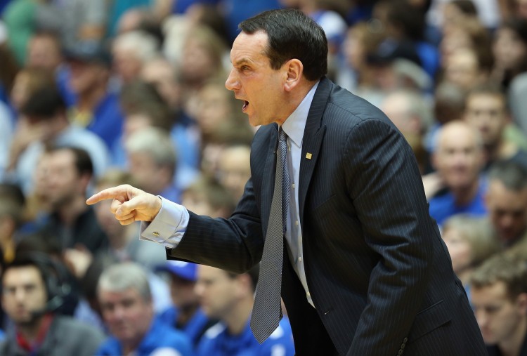 Mike Krzyzewski of the Duke Blue Devils reacts during their game against the Boston College Eagles at Cameron Indoor Stadium on Feb. 24, 2013 in Durham, North Carolina. (Streeter Lecka/Getty Images)