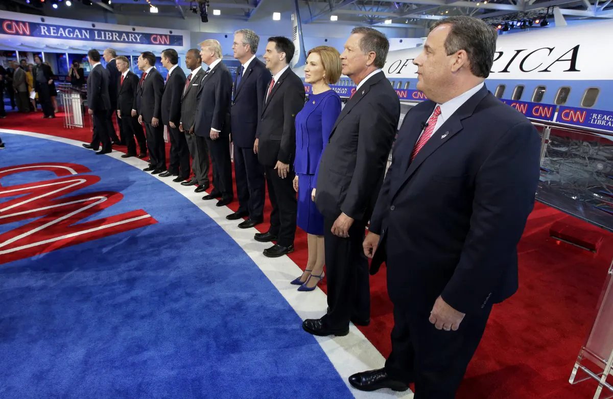 Republican presidential candidates take the stage during the CNN Republican presidential debate at the Ronald Reagan Presidential Library and Museum, in Simi Valley, Calif., on Sept. 16, 2015. (Chris Carlson/AP)