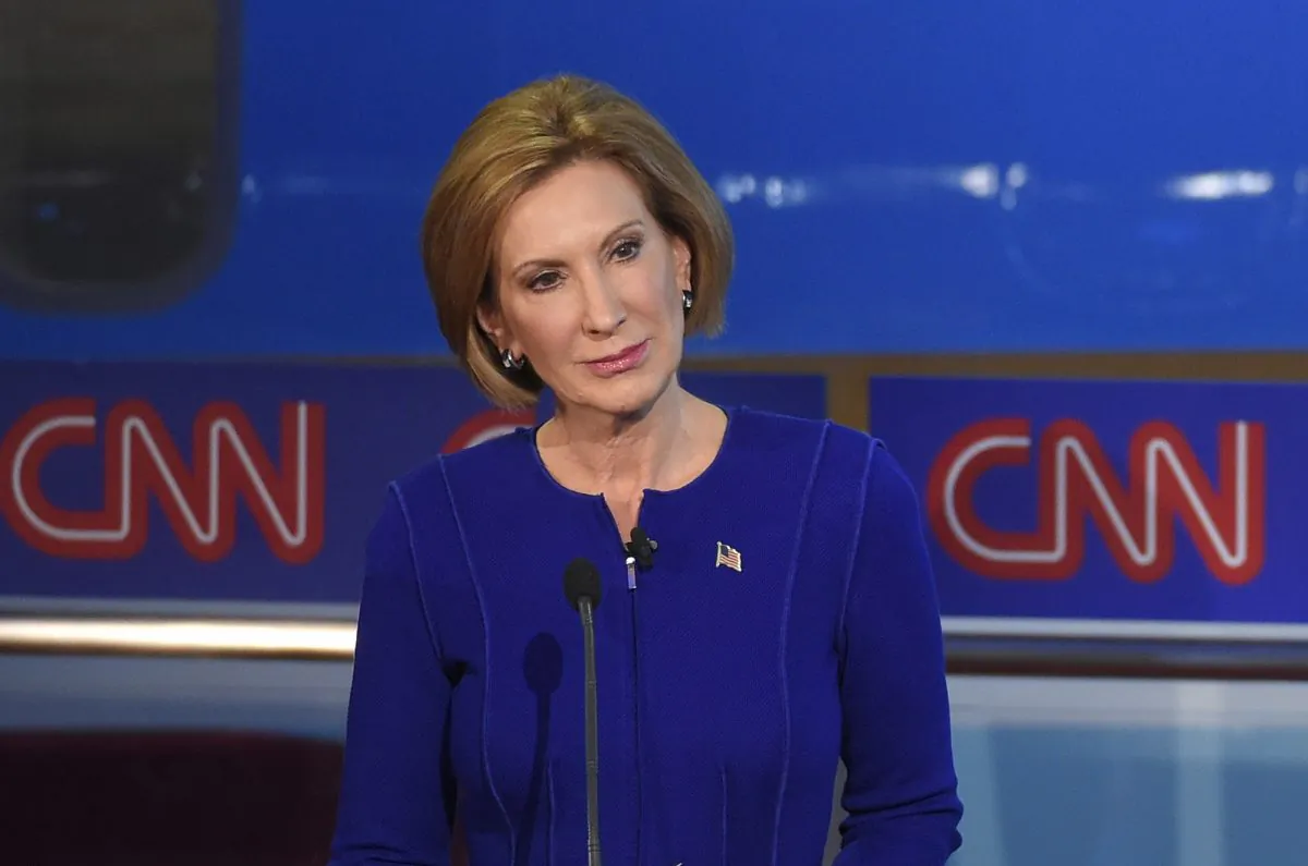 Republican presidential candidate, businesswoman Carly Fiorina stands during the CNN Republican presidential debate at the Ronald Reagan Presidential Library and Museum on Wednesday, Sept. 16, 2015, in Simi Valley, Calif. (AP Photo/Mark J. Terrill)