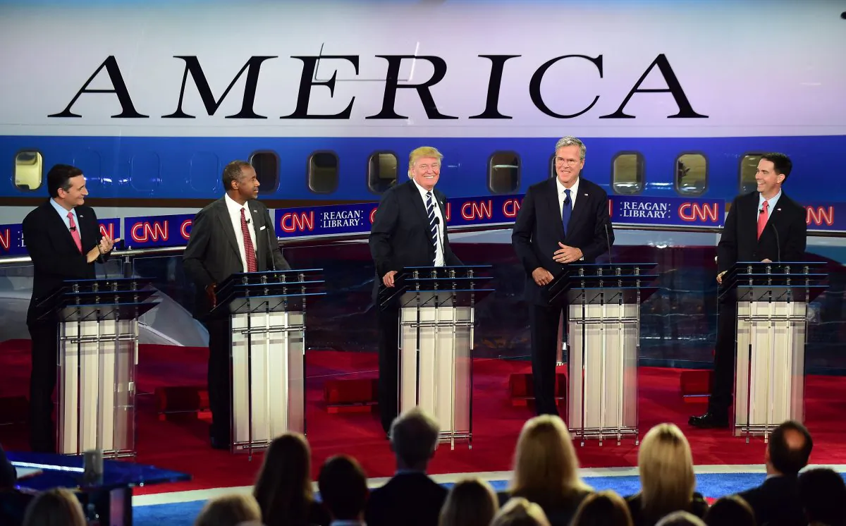 Republican presidential hopefuls Ted Cruz, Ben Carson, Donald Trump, Jeb Bush, and Scott Walker participate in the Republican Presidential Debate at the Ronald Reagan Presidential Library in Simi Valley, California on September 16, 2015.  (Frederic J Brown/AFP/Getty Images)