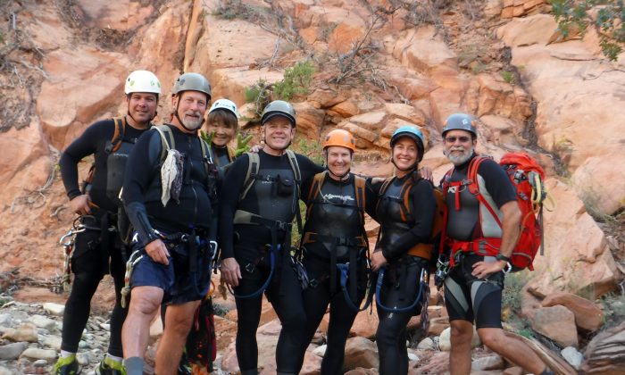 This photo released by National Park Service shows from left to right: Gary Favela, Don Teichner, Muku Reynolds, Steve Arthur, Linda Arthur, Robin Brum, and Mark MacKenzie.  The hikers, six from California and one from Nevada, died when fast-moving floodwaters rushed through a narrow park canyon Monday, Sept. 14, 2015.  (National Park Service via AP)
