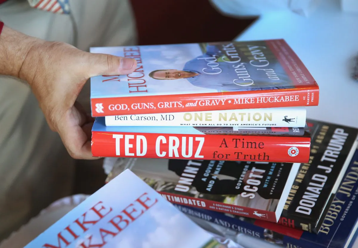 Books by Republican presidential hopefuls are offered for sale at The Family Leadership Summit at Stephens Auditorium on July 18, 2015 in Ames, Iowa. (Scott Olson/Getty Images)