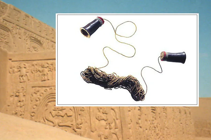 Right: A communication device created more than 1,000 years ago by the Chimu people of Peru (Travis Rathbone/Smithsonian National Museum of the American Indian) Background: Chan Chan, Peru (David Holt/CC BY-SA)