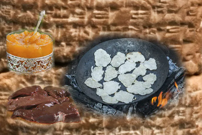 Left: A file photo of apricot butter (Lesyy/iStock) A file photo of liver (Jamie Rogers1/iStock) Right: A file photo of ancient flat bread cooked on a fire. (Photokon/iStock) Background: A file photo of a Hittite tablet. (Fae/CC BY-SA)