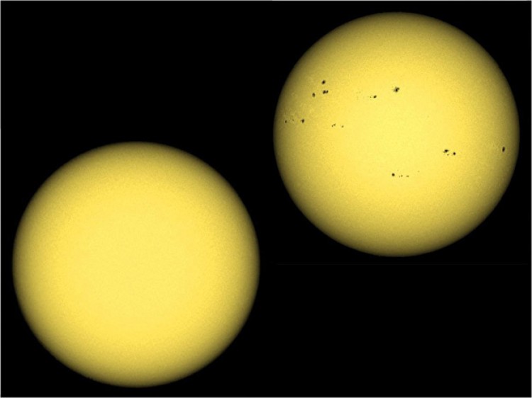 The Sun viewed in visible light, at minimum phase (2006) and maximum phase (2001). (ESO)