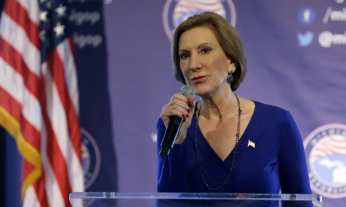 Republican presidential candidate, businesswoman Carly Fiorina addresses the 2016 Mackinac Republican Leadership Conference, Saturday, Sept. 19, 2015, in Mackinac Island, Mich. (AP Photo/Carlos Osorio)