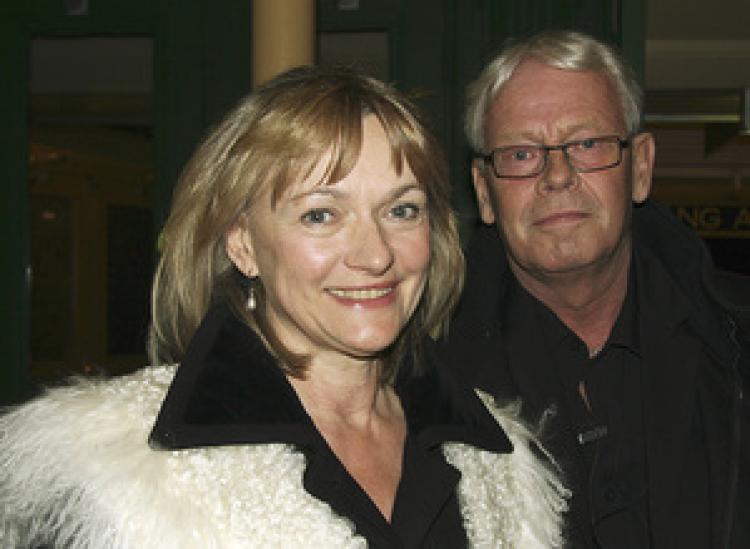 Ms Hedberg with her fiancee Mr Pettersson at the Cirkus Theater in Stockholm on Wednesday evening, 18th of March. (Pirjo Svensson/The Epoch Times)