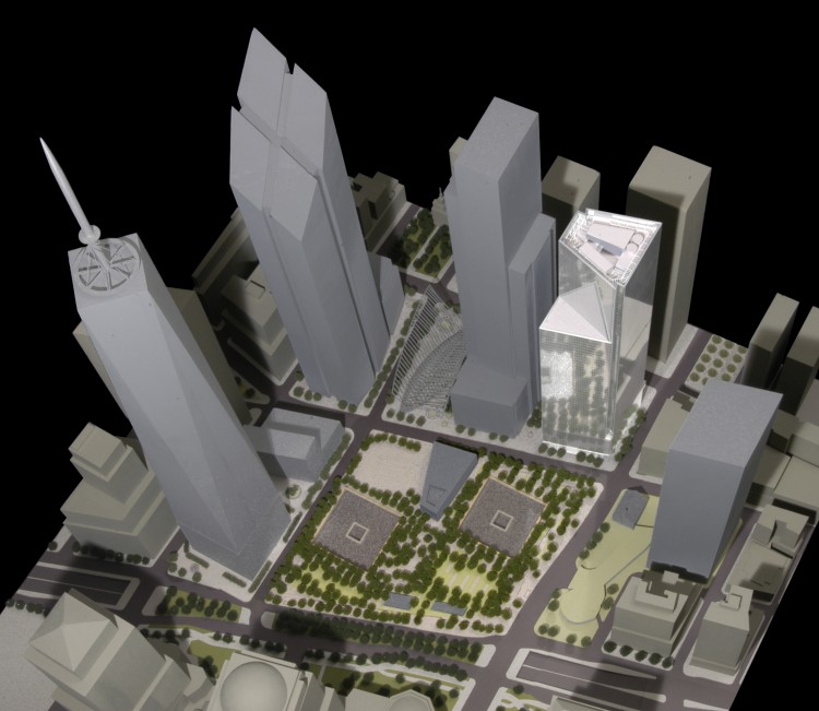 20110904031732PM_4-WTC_Site-Model-Credit-Maki-and-Associates A model of the site showing all construction completed, with 4 World Trade Center (WTC) in white. From left to right are 1 WTC, 2 WTC, and 3 WTC; 7 WTC, already completed, is between and behind 1 and 2. (Courtesy of Maki & Asssociates)