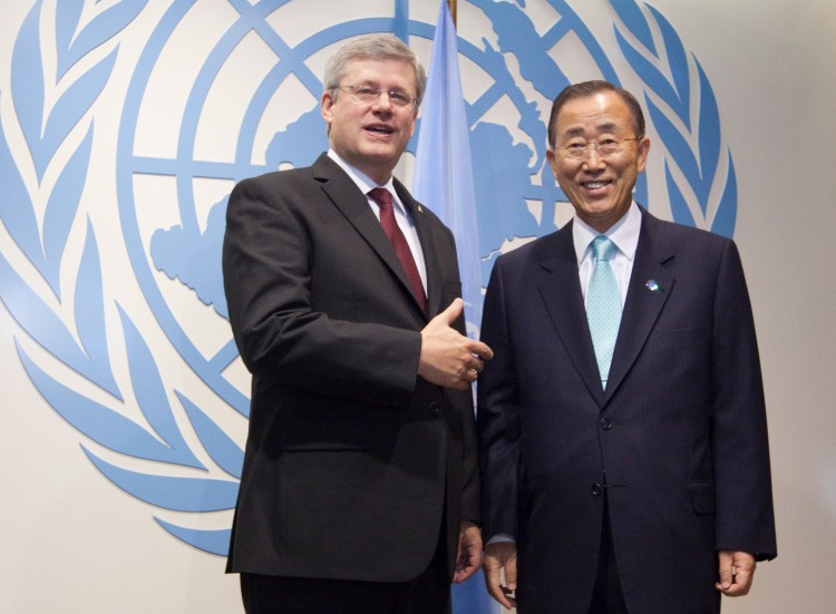 Prime Minister Stephen Harper and UN Secretary-General Ban Ki-moon at UN headquarters in New York. (PMO Photo by Deb Ransom) Prime Minister Stephen Harper and UN Secretary-General Ban Ki-moon at UN headquarters in New York. (PMO Photo by Deb Ransom)