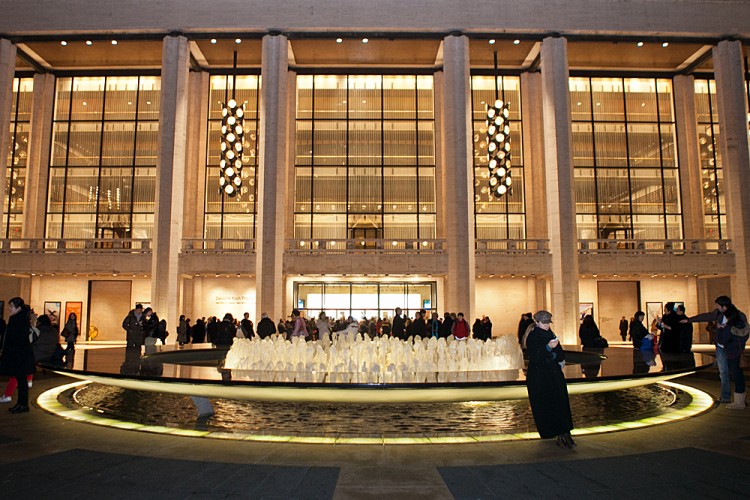 People wait around the fountain at Lincoln Center for the opening of Shen Yun People wait around the fountain at Lincoln Center for the opening of Shen Yun