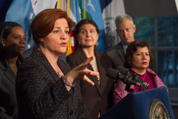 City Council Speaker Christine C. Quinn holds a press conference at City Hall Tuesday about proposing tougher penalties for sexual assaults in New York City. (Benjamin Chasteen/The Epoch Times)
