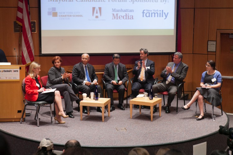 The five leading candidates for New York City mayor outlining some of their views on education in New York on Nov. 19, 2012. (Second to L-R) Christine Quinn, speaker of the City Council; William Thompson, former city comptroller; John Liu, current city comptroller; Tom Allon, owner of Manhattan Media; and Bill de Blasio, public advocate. (Benjamin Chasteen/The Epoch Times)