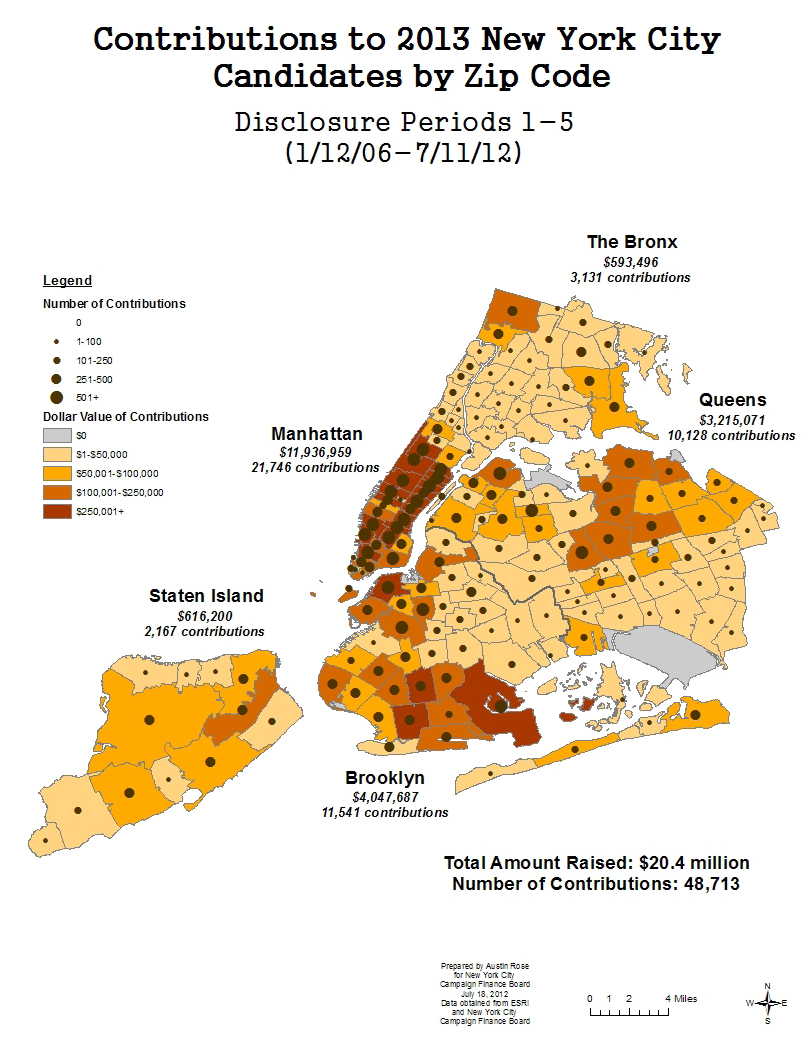 2013NYC-Contributions to 2013 New York City candidates by zip code. (Courtesy New York City Campaign Finance Board) Contributions to 2013 New York City candidates by zip code. (Courtesy New York City Campaign Finance Board)