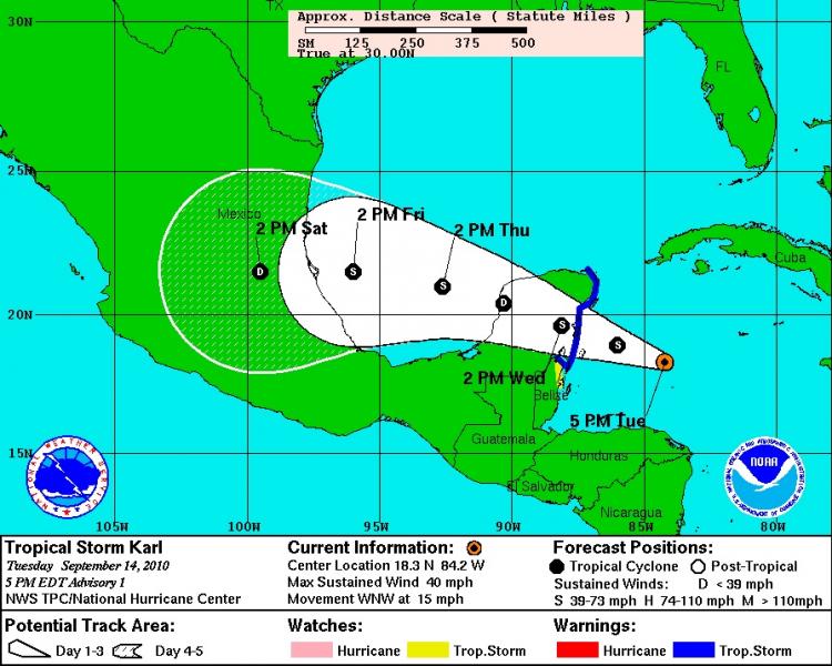 TROPICAL STORM KARL: Five day track map issued on Tuesday Sept 14. (Courtesy of noaa.gov) TROPICAL STORM KARL: Five day track map issued on Tuesday Sept 14. (Courtesy of noaa.gov)