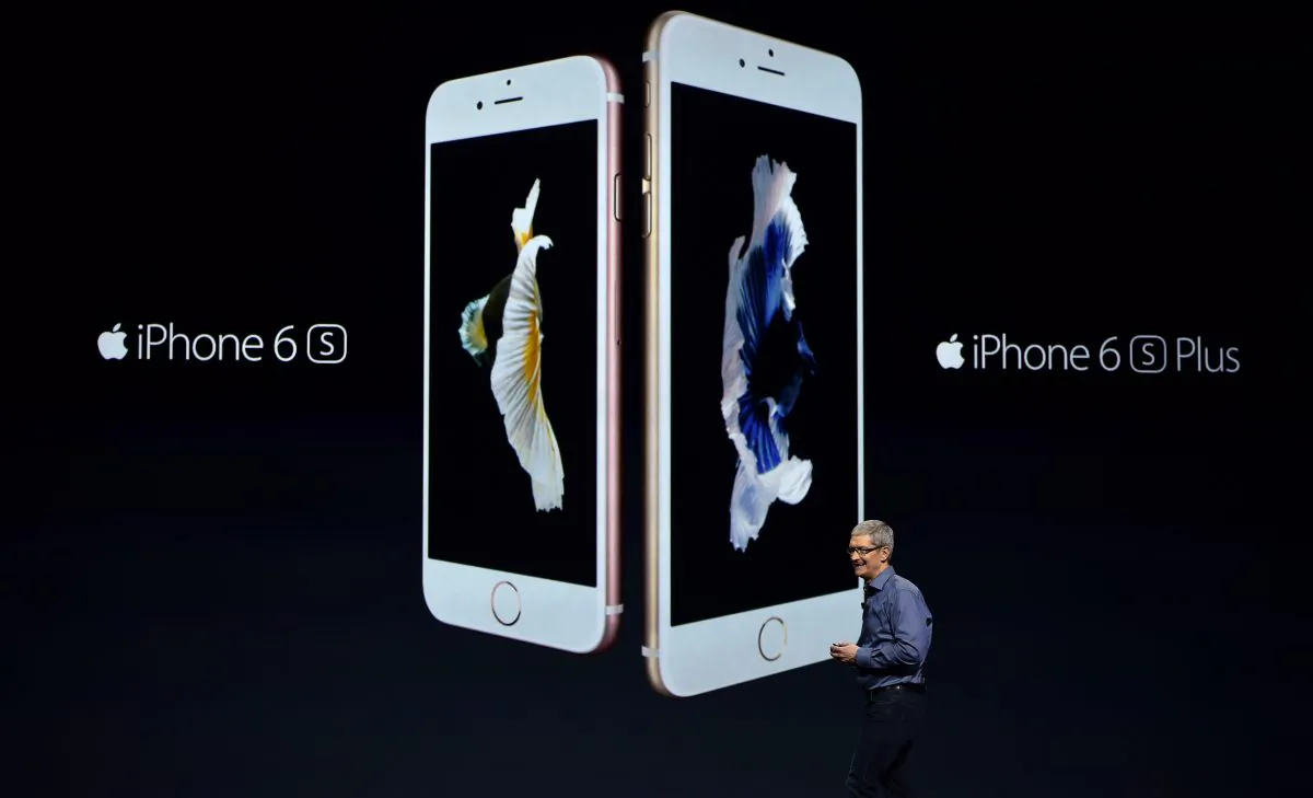 Apple CEO Tim Cook introduces the new iPhone 6s and 6s Plus during an Apple media event in San Francisco on Sept. 9. (Josh Edelson/AFP/Getty Images)