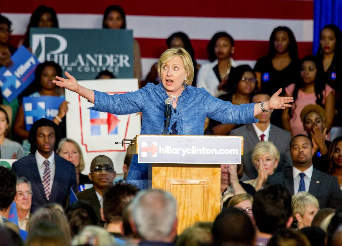 Democratic presidential candidate Hillary Rodham Clinton speaks at a grassroots organizing meeting at Philander Smith College Monday, Sept. 21, 2015, in Little Rock, Ark. (AP Photo/Gareth Patterson)