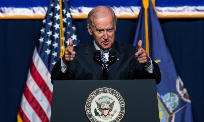 Vice President Joe Biden speaks in support of raising the minimum wage for the state of New York to $15 per hour in New York City on Sept. 10, 2015. Biden said he would like to see the federal minimum wage risen to $12 per hour. (Andrew Burton/Getty Images)