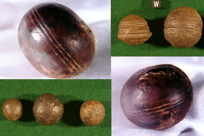 Горе лево, доле десно: Сфере, познате као сфере Клерксдорп, пронађене у наслагама пирофилита (чудесног камена) у близини Оттосдала, Јужна Африка.  (Роберт Хугет) Горе десно, доле лево: Слични објекти познати као Моки мермери из пешчара Навахо у југоисточној Јути.  (Пол Хајнрих)