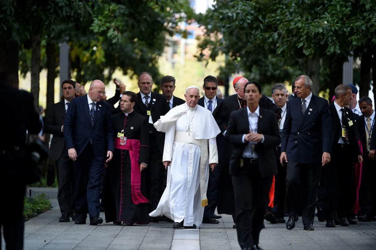 Pope Francis arrives for a multi-religious service at the site of the 9/11 memorial and Museum on September 25, 2015 in New York City. (Thomas A. Ferrara - Pool/Getty Images)