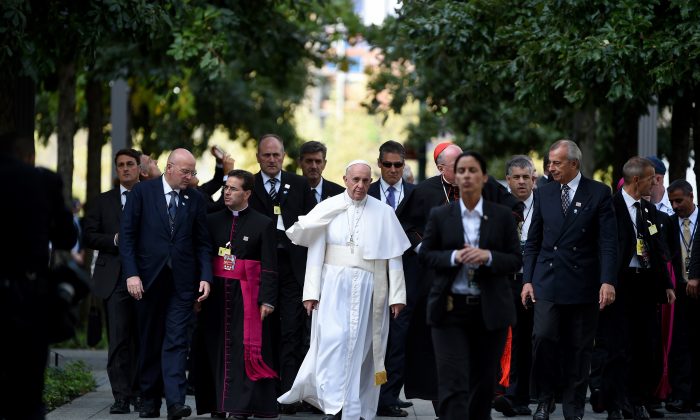 Pope Francis arrives for a multi-religious service at the site of the 9/11 memorial and Museum on September 25, 2015 in New York City. (Thomas A. Ferrara - Pool/Getty Images)