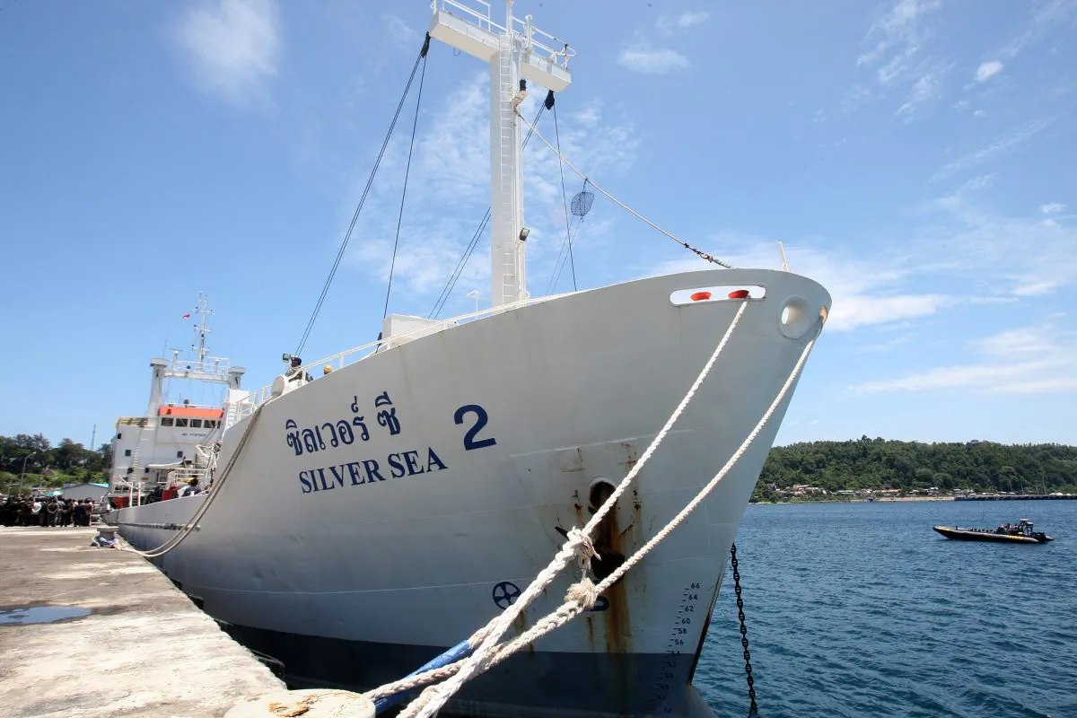 1Silver Sea 2, a Thai-owned cargo ship which was seized by Indonesian authorities last August, is docked at the port of Sabang, Aceh province, Indonesia, Friday, Sept. 25, 2015. (AP Photo/Heri Juanda)