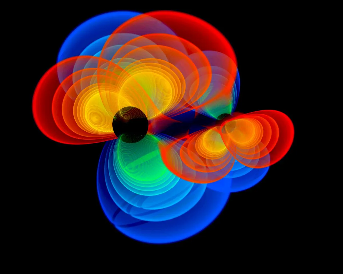 A visualisation of gravitational waves emitted by two orbiting supermassive black holes. (CSIRO, Author provided)