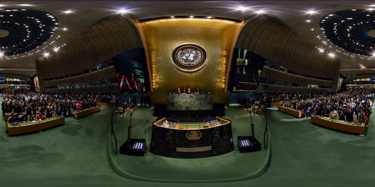 An equirectangular panoramic image of the opening of the U.N. General Assembly and Sustainable Development Summit at the United Nations in New York City, on Sept. 25, 2015. (Benjamin Peterson/Getty Images for U.N.)