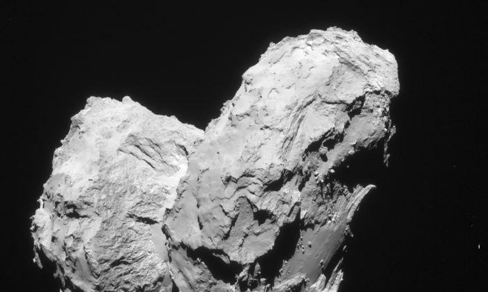 The Aug. 22, 2014 photo taken by the Navcam of the Rosetta space probe and released by European Space Agency ESA on Monday, Sept. 28, 2015 shows Comet 67P/ChuryumovGerasimenko. (ESA/Rosetta/Navcam via AP)