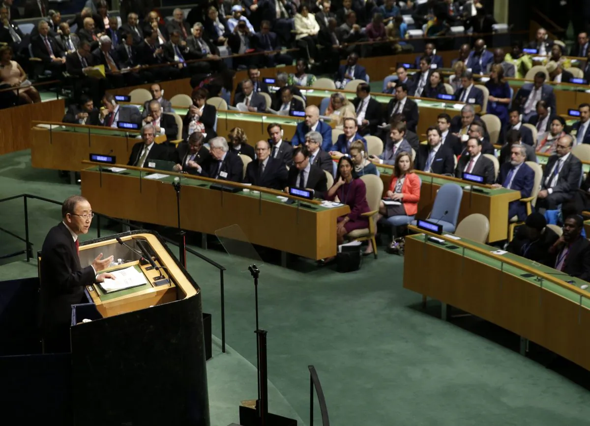 United Nations Secretary-General Ban Ki-moon speaks during the 70th session of the United Nations General Assembly at U.N. headquarters, Monday, Sept. 28, 2015. (AP Photo/Seth Wenig)