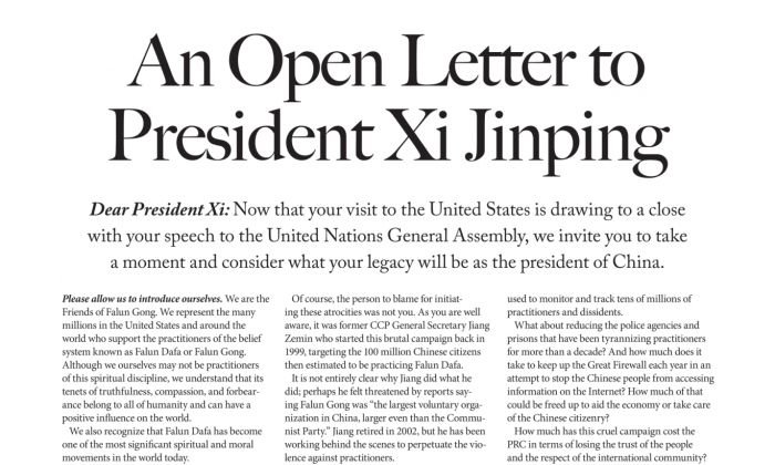 The Friends of Falun Gong open letter to Xi Jinping was printed on page A9 of The New York Times on Sept. 28. (Friends of Falun Gong)